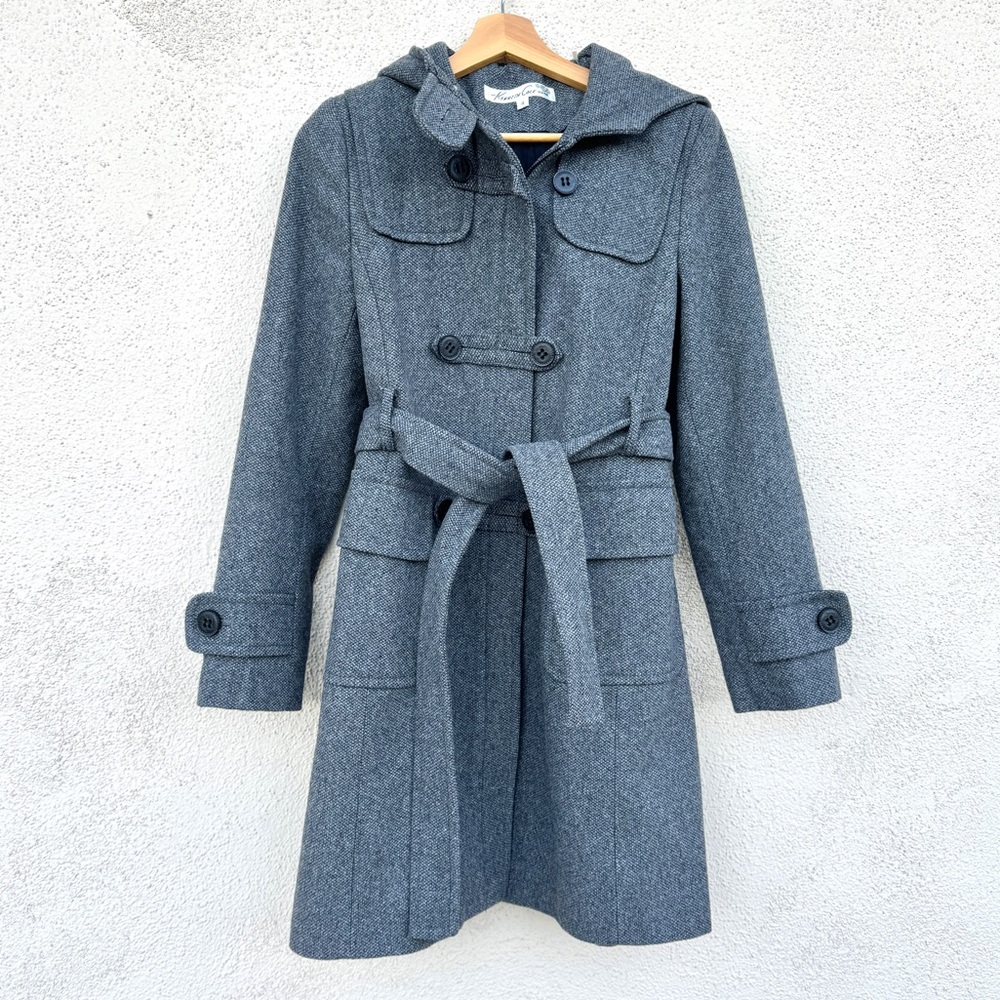 KENNETH COLE trench coat hooded GRAY peacoat winter long jacket 4 POCKET tweed